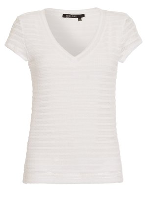 Weißes V-Ausschnitt T-Shirt mit kurzen Ärmeln, das ein strukturiertes Streifenmuster aufweist. Hergestellt aus Jersey-Material, hat es eine figurbetonte Passform.