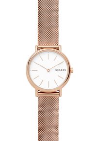 Skagen-klocka med armband i roséguldsmask, cirkulär vit urtavla och minimalistiska timmarkörer. Enkel design med en klassisk estetik.