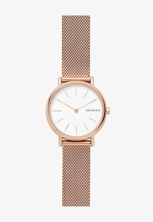 Skagen-Uhr mit einem roségoldenen Mesh-Armband, einem runden weißen Zifferblatt und minimalistischen Stundenmarkierungen. Einfaches Design mit klassischem ästhetischem Stil.