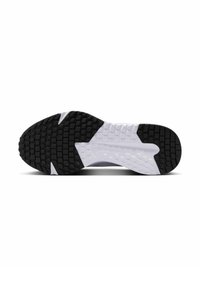 Semelle de chaussure de sport noire et blanche avec un motif de grip texturé, présentant un dessin de bande de roulement hexagonal et une semelle intermédiaire blanche lisse.