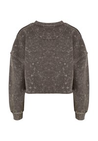Kuttet sweatshirt i mørkegrå melert stoff med myk tekstur. Har rund hals og senkede ermer med ribbestrikkede mansjetter.