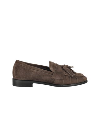 Brown suede loafer with tassels, low black heel, and rounded toe, shown in side view.