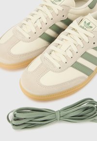 Adidași bej Adidas cu dungi verzi și tălpi de gumă, șireturile strânse, alături de un mănunchi de șireturi verzi neutilizate pe un fundal alb.