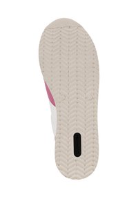 Schoenzool met een witte, gestructureerde basis en zigzagpatronen, met een roze accent aan de zijkant en een merklogo in zwart geïntegreerd.