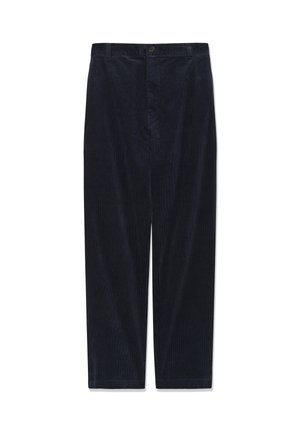 Pantaloni din corduroy de culoare bleumarin închis, cu croială dreaptă, dotati cu închidere cu nasture și o textură subtile de nervuri pe întreaga suprafață.