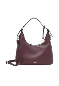 Sac à main en cuir bordeaux avec une finition texturée, équipé de ferrures dorées et d'une bandoulière amovible. Forme incurvée avec un dessus lisse.