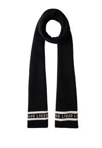 Sciarpa nera lavorata a maglia con una texture a coste, caratterizzata da una fascia crema a entrambe le estremità con la scritta del marchio. Materiale morbido, forma rettangolare allungata.