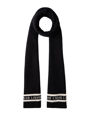 Sciarpa nera lavorata a maglia con una texture a coste, caratterizzata da una fascia crema a entrambe le estremità con la scritta del marchio. Materiale morbido, forma rettangolare allungata.