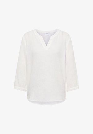 Hvid strukturbluse med 3/4-ærmer, V-udskæring og afslappet pasform, med mærket "Cecil" på indersiden af kraven.