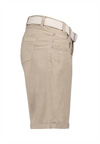 Beige Shorts mit einem gewebten weißen Gürtel, ausgestattet mit vier Taschen, einem umgeschlagenen Saum und einem leichten Stoff für hohen Tragekomfort.