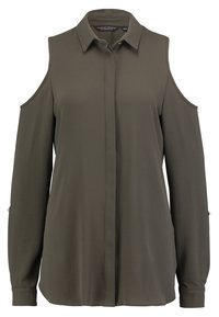 Olive green, long-sleeve shirt with cut-out shoulder design, curved hem, and button accents at the cuffs. Made from lightweight fabric.