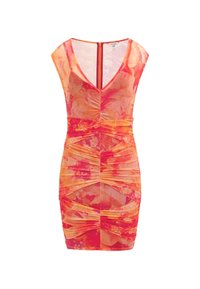 Abito floreale corto nelle tonalità di arancione e rosa, con scollatura a V, design arricciato, maniche corte e zip sul retro. Stile strutturato e aderente.