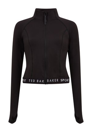 Čierna športová bunda na zips s krátkym strihom, dlhými rukávmi a charakteristickým logom na leme. Hladká látka s kontrastným prešívaním.
