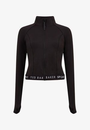 Juoda zip-up sportinė striukė, pasižyminti trumpu dizainu, ilgomis rankovėmis ir išskirtine logotipo juosta apatinėje dalyje. Lygus audinys su kontrastingomis siūlėmis.