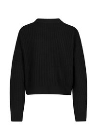 Schwarzer, gerippter, kurz geschnittener Pullover mit langen Ärmeln und rundem Halsausschnitt, von hinten gezeigt.