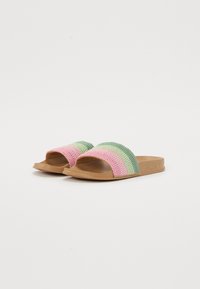 Casual slide sandals with a woven fabric strap featuring alternating stripes of pink, green, and teal, and a natural-toned sole.