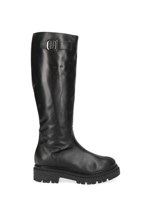 Botte en cuir noir hauteur genoux avec un bout arrondi, un dessus texturé, une semelle en caoutchouc robuste et un détail de boucle sur le côté.