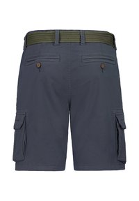 Navy blue cargo shorts with two side pockets, two back pockets, and a woven olive green belt. Made from durable fabric with a smooth texture.