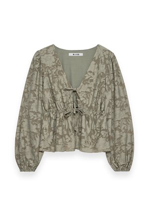 Blusa verde oliva con motivo floreale, scollatura a V, chiusura frontale regolabile con lacci, vita arricciata e maniche lunghe a sbuffo con polsini elasticizzati.