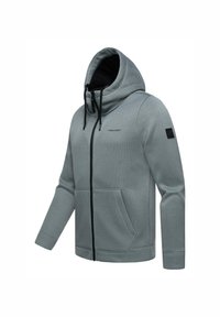 Grauer Zip-Hoodie mit einer Kordelzugkapuze, vorderen Taschen, gerippter Textur und schwarzen Akzenten, mit einem Logo auf der Brust und am Ärmel.