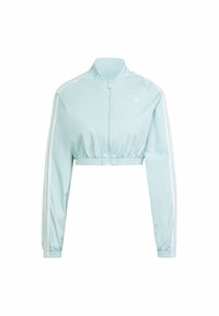 Svetlomodrá skrátená bunda so zipsom na prednej strane, elastickým pásom, dlhými rukávmi a bielymi bočnými pruhmi; obsahuje malé logo na hrudi.