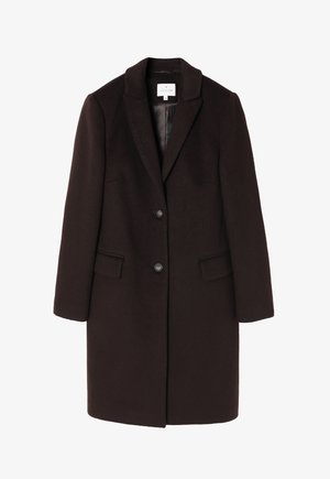 Cappotto di lana marrone scuro con colletto a pistagna, due tasche frontali e chiusura a singolo bottone. Texture liscia con una vestibilità su misura.