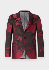 Roter Blazer mit floralen Mustern auf schwarzem Hintergrund, ausgestattet mit zwei vorderen Taschen, einem einzelnen Knopfverschluss und einer glatten grauen Innenauskleidung.