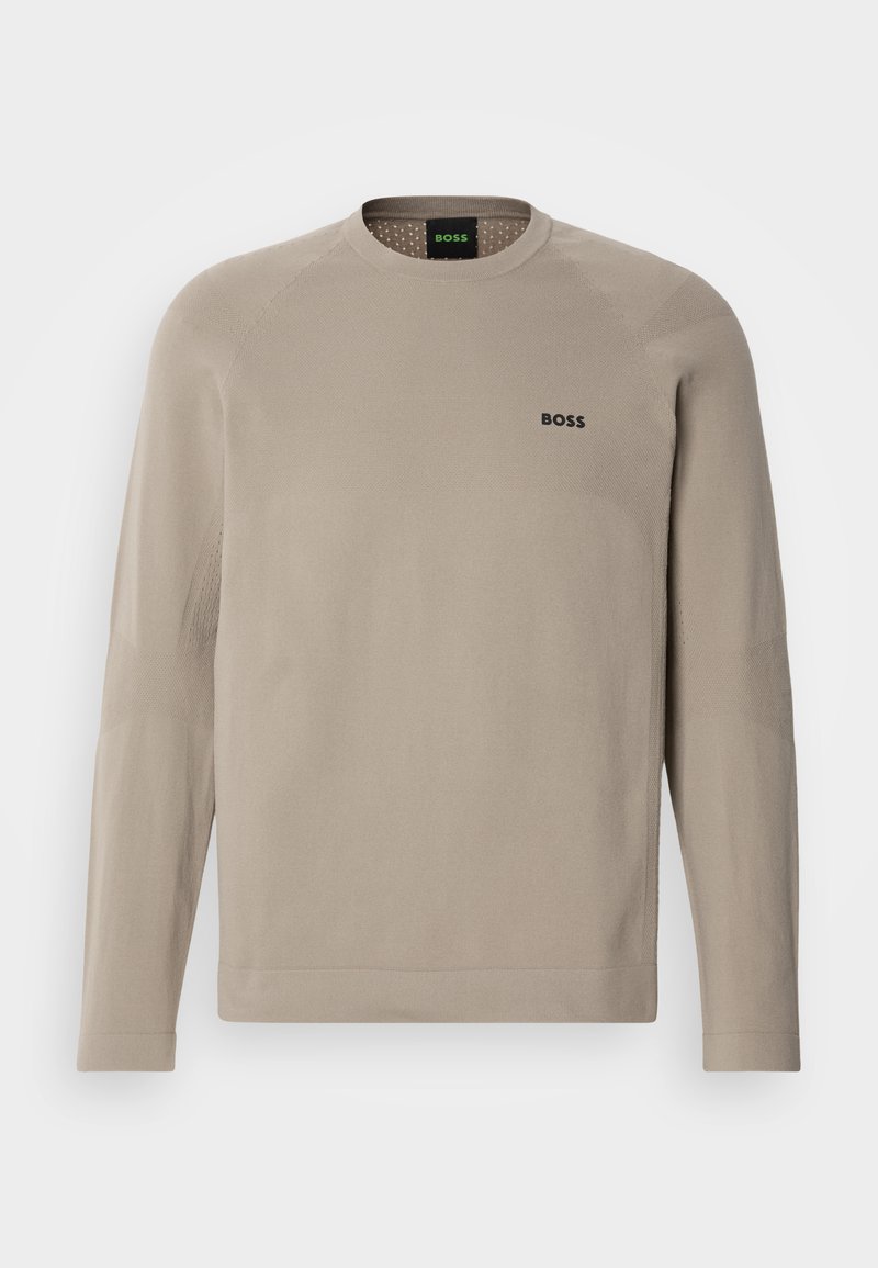 Sudadera de manga larga beige clara con cuello redondo acanalado, tela texturizada y un pequeño logo negro "BOSS" en el pecho.