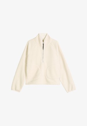 Pull-over en polaire blanc cassé avec col montant, demi-fermeture éclair à l'avant, manches longues et poches arrondies à coutures apparentes à l'avant.