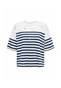 Chemise à manches courtes rayée blanche et bleu marine, avec une coupe ample, ornée de petits embellissements et d'un col rond.