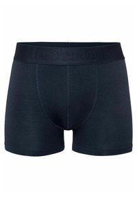 Mörkblå boxerkalsonger tillverkade av mjukt tyg, med ett brett elastiskt midjeband prytt med varumärkesnamnet och en kroppsnära passform.