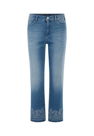 Light blue denim jeans with front pockets, button closure, and floral embroidery near the hem on both legs.