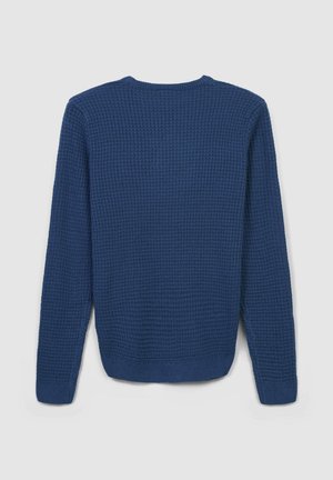 Maglione lavorato a maglia blu navy con un motivo testurizzato, colletto a girocollo e maniche lunghe. Presenta polsini e orlo a costine.