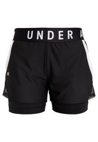 Fekete sport rövidnadrág széles derékkal, amelyen fehér színben szerepel az "UNDER ARMOUR" felirat, oldalsó hálós panelek és feszes belső réteg.