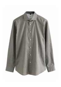Gray long-sleeve button-up shirt with a polka dot pattern in light blue, made of a smooth fabric with a classic collar and straight hem.