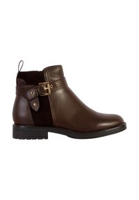 Brown leather ankle boot with textured suede panels and a side buckle detail. Features a flat rubber sole and a pull tab on the heel.