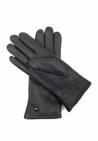 Navy leather gloves with five fingers, featuring elastic gathered at the wrist and a small metal logo accent on the cuff.