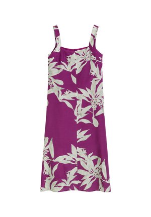 Robe sans manches violette avec un imprimé botanique blanc, en tissu léger, avec une silhouette droite et des bretelles réglables.