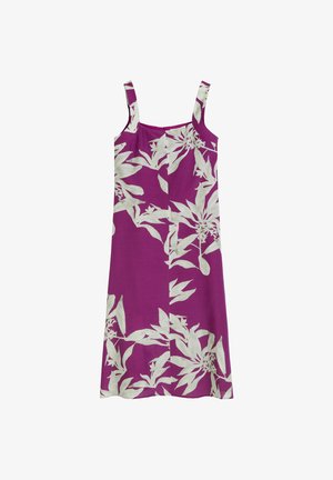 Robe sans manches violette avec un imprimé botanique blanc, en tissu léger, avec une silhouette droite et des bretelles réglables.