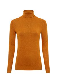 Orange Turtleneck-Pullover aus strukturiertem Strickstoff. Lange Ärmel, taillierte Passform, mit geripptem Ausschnitt und Saum. Einfach und elegant.