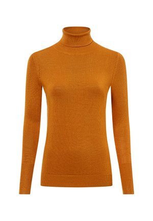 Orange Turtleneck-Pullover aus strukturiertem Strickstoff. Lange Ärmel, taillierte Passform, mit geripptem Ausschnitt und Saum. Einfach und elegant.
