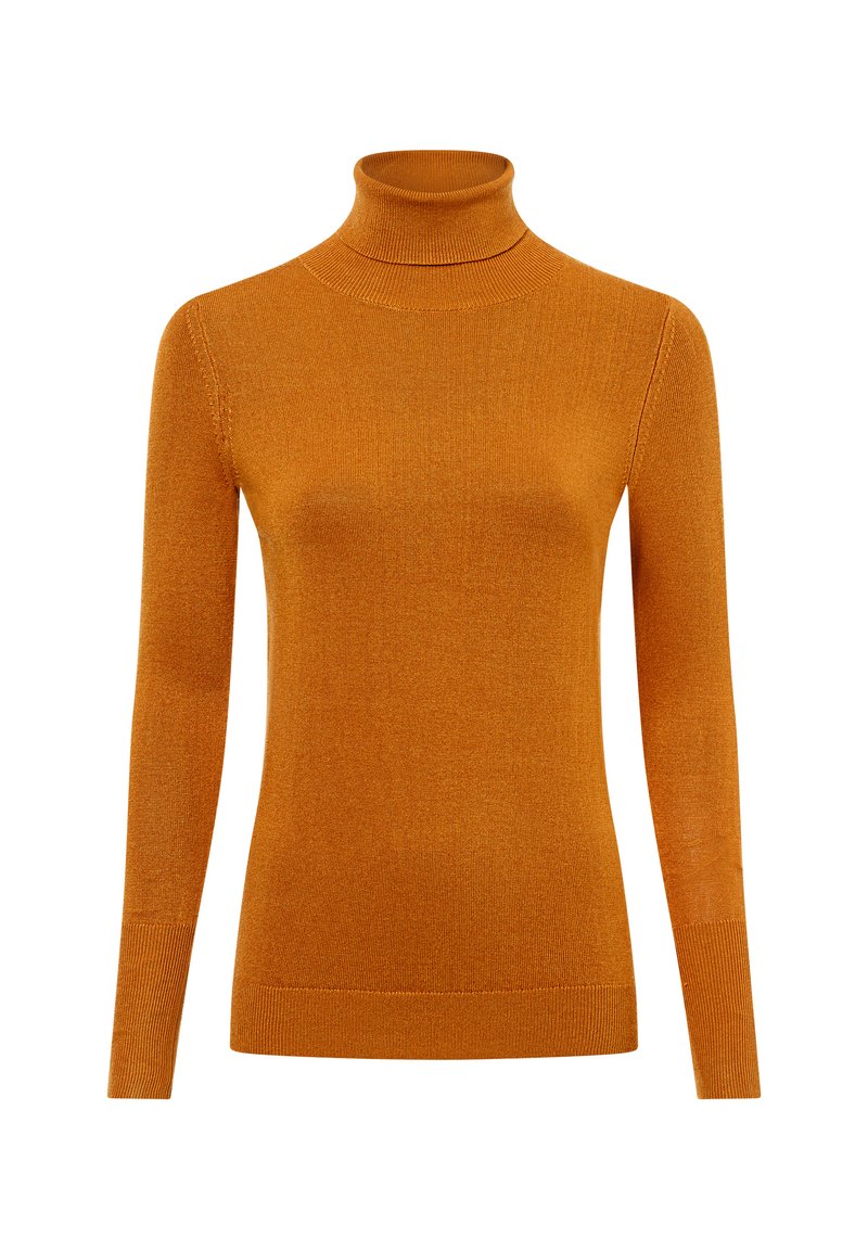 Orange Turtleneck-Pullover aus strukturiertem Strickstoff. Lange Ärmel, taillierte Passform, mit geripptem Ausschnitt und Saum. Einfach und elegant.