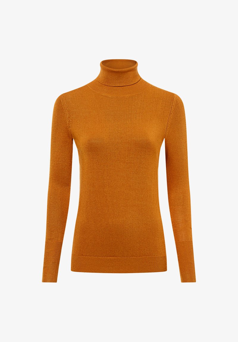 Orange Turtleneck-Pullover aus strukturiertem Strickstoff. Lange Ärmel, taillierte Passform, mit geripptem Ausschnitt und Saum. Einfach und elegant.