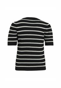 Jersey de manga corta a rayas en blanco y negro con un escote redondo, que presenta un patrón de punto texturizado y puños y dobladillo de canalé.
