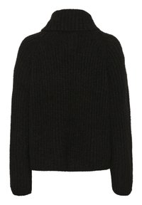 Zwarte, geribbelde trui met een hoge kraag, oversized pasvorm en lange mouwen. Textured breisel; effen kleur zonder patronen of accenten.