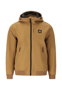 Brun vattentät jacka med huva, med en framdragkedja och två sidofickor. Justerbar dragsko och elastiska muddar.