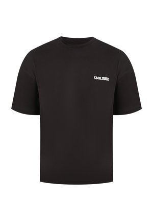 Zwart T-shirt met korte mouwen gemaakt van katoen met een ronde hals, voorzien van de witte tekst "SMILODOX" op de linkerborst. Soepele textuur.