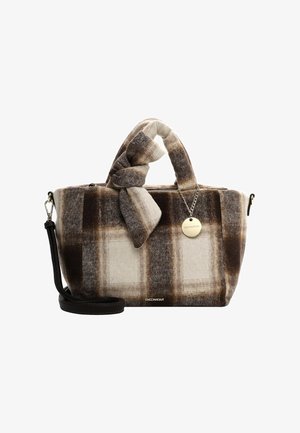 Brown and beige plaid handbag made from soft fabric, featuring a knotted strap, silver hardware, and a detachable shoulder strap.
