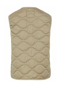 Beige gesteppte Weste mit ärmellosem Design, Wellenmuster-Steppung und einer glatten, leichten Stoffoberfläche.