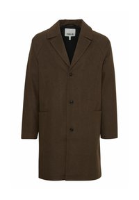 Brun ullblanding frakk med notched krage, frontknapper og sidelommer. Har strukturerte skuldre og en rett snittdesign.